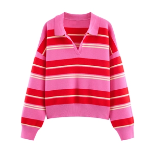 Women Striped Knit Polo Shirt Long Sleeve V Neck Ribbed Hem Contrast Color Polyester Acrylic Casual Pullover Top