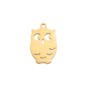 Polished golden stainless steel owl pendant for DIY jewelry making on white background