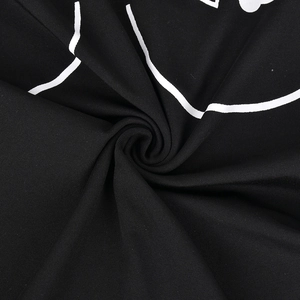 Close-up of black knitted fabric with white screen-printed lines showing texture