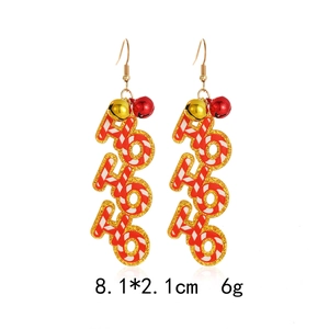 Detail of red and white candy cane earrings with golden bells and glitter finish