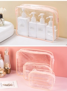 Three sizes of clear waterproof PVC makeup bags with pink zippers for travel storage
