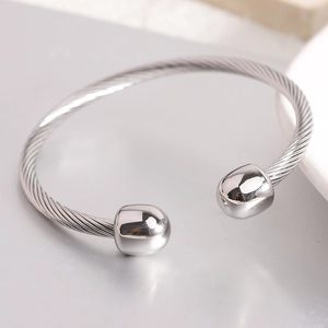 Minimalist silver steel C-shape cable cuff bracelet with polished ball ends