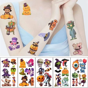 Waterproof Halloween temporary tattoos featuring colorful pumpkins, witches and zombies for parties