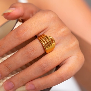 Macro shot of 18K gold plated stainless steel ring featuring a unique palm hand design