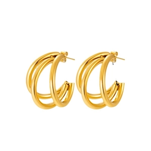 Modern triple-layered C-shape gold knot earrings in polished titanium steel for women