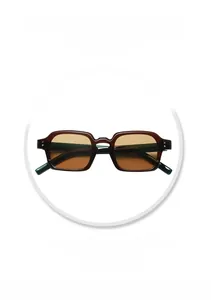 Macro detail of vintage square sunglasses frame showing temple dimensions and silver studs