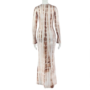 Back view of long sleeve bodycon maxi dress with brown and white tie-dye print