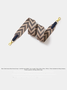 Detail of navy and beige woven wide shoulder strap with gold metal buckle