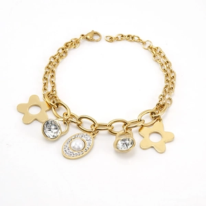 Vintage 18k gold plated stainless steel double layer clover bracelet with rhinestones