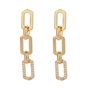 French geometric long gold chain earrings with micro-inlaid cubic zirconia pendants
