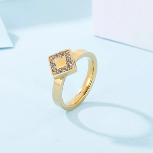 Fashionable gold-plated titanium steel square ring with sparkling zirconia pavé setting