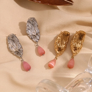 Retro 18K gold plated butterfly wing earrings with pink teardrop stone pendants