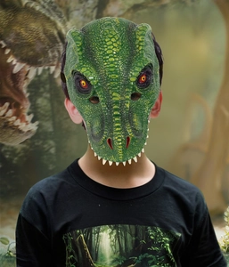 Detailed realistic T-Rex mask with green scales and sharp teeth for children