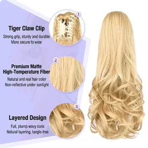 Long wavy blonde claw clip ponytail extension with layered synthetic fiber hair