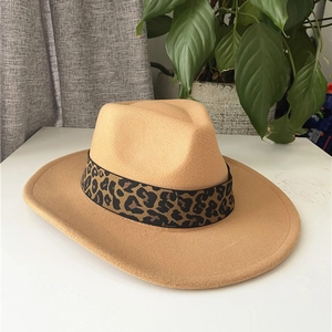 Khaki wool jazz fedora hat for men and women featuring a trendy leopard print ribbon band