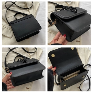 Detail view of black PU leather square bag showing back, side, top, and interior structure