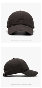 Detail view of washed dark gray cotton baseball cap with adjustable metal buckle back