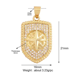 Detailed size chart of a gold shield pendant with an eight-pointed star and zircon stones