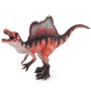 Realistic Spinosaurus dinosaur model toy with movable jaw and red striped skin texture