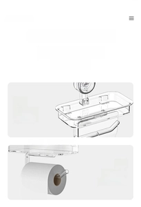 Detail of transparent wall-mounted bathroom shelf with smooth corners and hanging hooks
