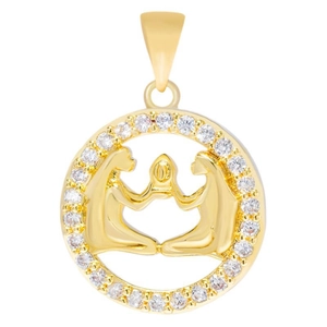 Gold circular Gemini zodiac pendant with shimmering zircon pavé stones and human motif