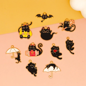 Halloween black cat enamel charms set with gold plating for DIY jewelry making and crafts