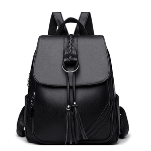 Fashion Women PU Leather Backpack Lychee Texture Tassel Metal Ring Large Capacity Casual Travel Rucksack Braided Handle