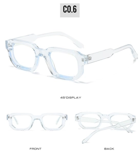 Three-angle view of transparent square frames including front, back and 45-degree side display