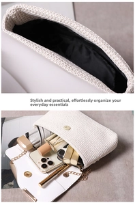 Internal storage view of woven crossbody bag showing space for phone and essentials