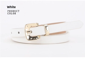 Detail view of a white slim belt featuring a gold square buckle and neat stitching