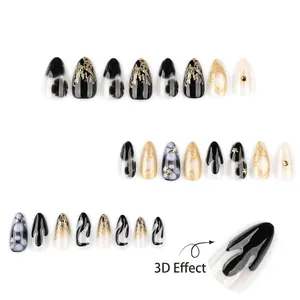 Short almond fake nails with black petal patterns and 3D fluid textures on white background