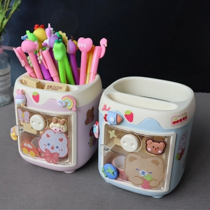 Pink and blue cartoon pig pencil holders with tiered slots and transparent drawers