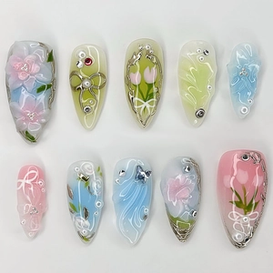 Handmade Press On Nails 3D Relief Flower Bowtie Artificial Pearl Decor French Short Square Resin Fake Nails Manicure For Women