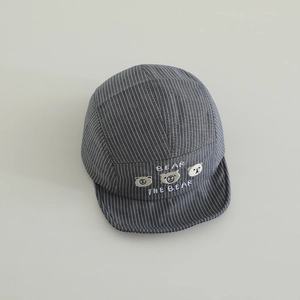 Close-up of grey striped baby cap featuring three cute cartoon bear embroideries