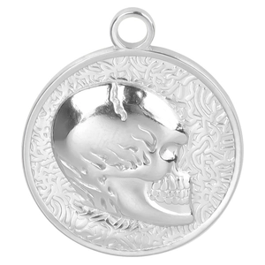 Macro detail of a silver stainless steel round pendant with a skull profile relief