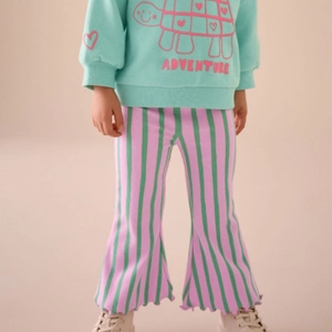 Girls Flared Leggings Ribbed Cotton Knit Vertical Striped Pink Green Lettuce Edge Elastic Waist Toddler Kids Pants