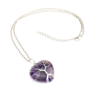 Silver tree of life wire-wrapped heart-shaped purple crystal stone pendant necklace