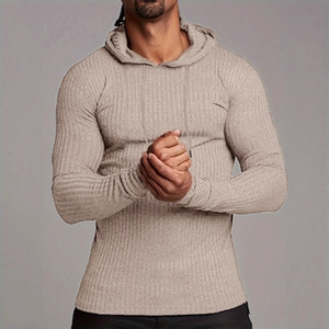 Slim fit men's knitted long sleeve hoodie in beige with textured rib fabric and drawstring