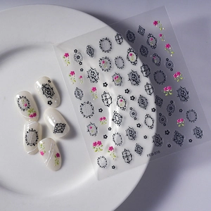 3D vintage floral nail art stickers with retro frames and roses on cream nails