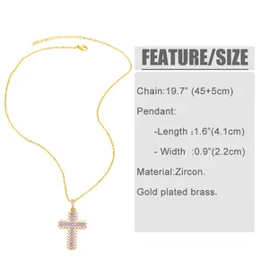 Detailed dimension guide for gold plated cross pendant necklace with zircon dimensions