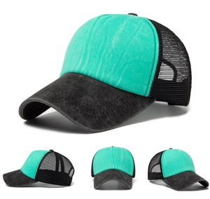 Detail view of mint green washed mesh trucker hat with black brim and multi-angle perspectives