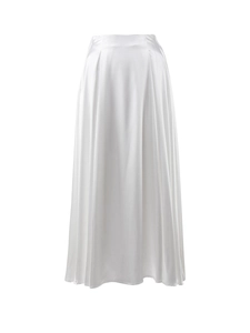 Detail shot of elegant high waist white satin skirt with smooth glossy texture and fluid drape