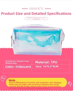 Iridescent TPU holographic cosmetic bag with size specs measuring 16x8.5x9cm and metal zipper