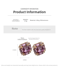 Close-up of square purple gemstone earrings with crystal accents and 5.5g weight detail