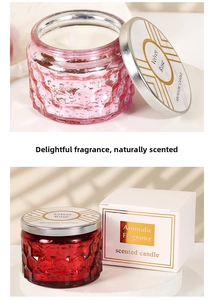 Detail of Velvet Rose scented soy candle in pink glass jar with premium gift packaging