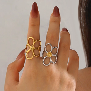 Hohler Blumenring 18K Vergoldet Edelstahl Übertrieben Blumig Texturiert Statement Schmuck Für Damen Modisch