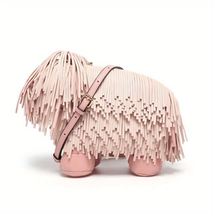 Detail view of the layered pink leather tassels and structured feet on the dog-shaped bag