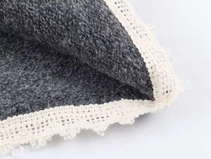 Close-up of navy collar knit cardigan showing grey fabric texture and lace bow details