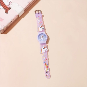 Detailed close-up of a purple unicorn children's watch with 3D embossed silicone strap
