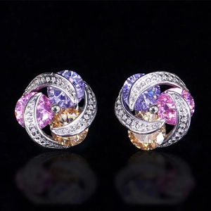 Colorful Zircon Flower Stud Earrings Elegant Copper Spiral Floral Design Jewelry For Women Stylish Accessory